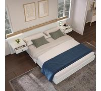 KAZZIO Letto matrimoniale in legno con 2 comodini per camera da letto, set completo in rovere Sonoma/bianco (senza materasso) (con 2 comodini LED e presa USB C, 180 x 200 cm)