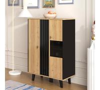 KAZZIO Mobiletti, credenza, vetrine con vetro e illuminazione a LED. Include laminati, una combinazione di colori nero e legno, design unico a strisce di legno nero