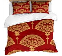KBDQGX Set Copripiumino Matrimoniale Per Ragazza/Ragazzo 240X220Cm 3 Pezzi Set Stampati In Ventaglio Pieghevole Con Sfondo Rosso E Drago Dorato 3D Set Di Biancheria Da Letto In Microfibra Con Cerni