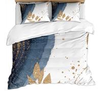 KBDQGX Set Copripiumino Una Piazza E Mezza 200X200Cm, Stampati In Sfondo Con Cuciture Blu E Bianche Con Foglie E Pois Dorati 3D, 3 Pezzi Set Di Biancheria Da Letto In Microfibra : 1 Copripiumino E