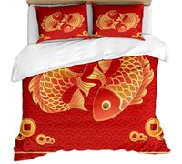 KBDQGX Set Di Biancheria Da Letto 3 Pezzi Motivo Moneta Di Rame Con Fondo Rosso Raffigurante Una Carpa Dorata 3D 200X200Cm, Set Copripiumino Una Piazza E Mezza Bambini In Microfibra Con Chiusura A