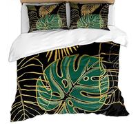KBDQGX Set Di Biancheria Da Letto Stampati In Lamina D'Oro Di Lusso Con Foglia Di Monstera Verde Dorato Su Sfondo Nero 3D 200X200Cm, 3 Pezzi Set Copripiumino Una Piazza E Mezza In Microfibra Con Ce
