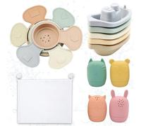 KBIBCK 16 Pezzi Giocattoli da Bagno, Giocattolo da Bagno in Silicone, Giocattolo da Bagno per Bebe con Barche Impilabili, Cucchiaio e Sacchetto di Conservazione, Giocattoli a Premere Sensoriali