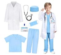 KBIBCK Kittel - Costume da medico per bambini, costume da chirurgo per bambini con cappotto bianco, stetoscopio, cappucci chirurgici, set di camici per bambini, accessori per giochi di ruolo per