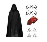 KBIBCK Set di 6 costumi da mago, costume da mago per bambini, con mantello, bacchetta magica, occhiali, cravatta, collana e adesivi per Halloween