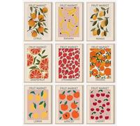KBKBART Set di 9 stampe artistiche da parete con mercato della frutta, poster astratti colorati, stampe limone, arancia, banana, fragola, mango, pompelmo, cucina, galleria, pittura, tela, per sala da