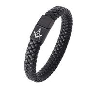 KBNSUIAN Bracciale in pelle intrecciata da uomo e donna, con simbolo della muratura nero e bussola quadrata con chiusura magnetica, emblemi massonici gioielli per fratelli, 18,5 cm, Acciaio