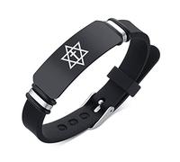 KBNSUIAN Braccialetto in silicone nero con simbolo magico esagramma - Stella ebraica di David con croce amuleto messianico, regalo religioso per israeliano, regolabile, Acciaio inossidabile Silicone