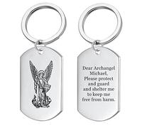 KBNSUIAN Portachiavi in acciaio inossidabile con simbolo dell'arcangelo cattolico San Michele, con scritta in lingua inglese "Protect", con preghiera, simbolo di San Michele, scudo militare, per