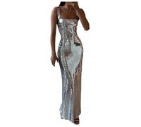 KBOPLEMQ Abito da donna con paillette, abito da sera con glitter, maxi abito in argento, effetto bagnato, lungo, elegante, slim fit, per feste, sexy, senza maniche, a sirena, clubwear, O argento, S