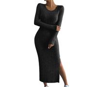 KBOPLEMQ Abito da donna lungo attillato, con spacco, a maniche lunghe, a coste, slim fit, body con maglione, elegante, maglione invernale, per il tempo libero, O nero., XL