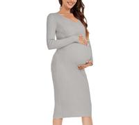 KBOPLEMQ Abito da donna premaman per allattamento al seno, con scollo a V, per autunno e inverno, lungo, elegante, morbido, maxi abito a maniche lunghe, alla moda, elegante, O grigio., XL