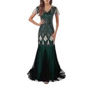KBOPLEMQ Abito da sera da donna anni '20, retrò, con paillettes, abito da sirena, abito da ballo Charleston, abito con paillettes, abito lungo in tulle, abito da cocktail, abito maxi, O verde, S