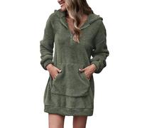 KBOPLEMQ Abito invernale da donna in pile, lungo, a maniche lunghe, con cappuccio, elegante, scollo a V, caldo, con tasche, tinta unita, per la casa, per l'autunno, mini maglione con tasca frontale