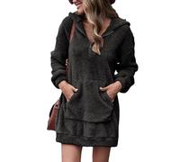 KBOPLEMQ Abito invernale da donna in pile, lungo, a maniche lunghe, con cappuccio, elegante, scollo a V, caldo, con tasche, tinta unita, per la casa, per l'autunno, mini maglione con tasca frontale