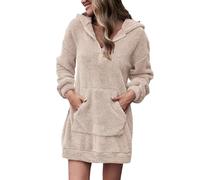 KBOPLEMQ Abito invernale da donna in pile, lungo, a maniche lunghe, con cappuccio, elegante, scollo a V, caldo, con tasche, tinta unita, per la casa, per l'autunno, mini maglione con tasca frontale