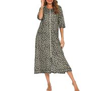 KBOPLEMQ Accappatoio da donna con chiusura lampo, vestaglia da donna, leggero e morbido, con cappuccio, a maniche lunghe, da notte, camicia da notte, accappatoio classico, a girocollo, O marrone, XXL