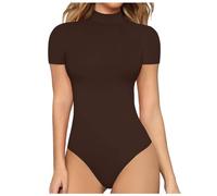 KBOPLEMQ Body da donna a maniche corte con collo alto, perizoma a maniche corte, body modellante, tinta unita, basic, yoga, sport, canottiera, colletto alto, estate, O marrone, M