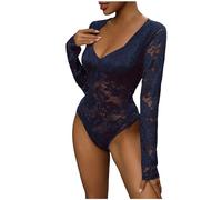 KBOPLEMQ Body da Donna in Pizzo, Elegante, a Maniche Lunghe, in Rete, a Collo Alto, Con Scollo a V, Sexy, Blu Marino, XL