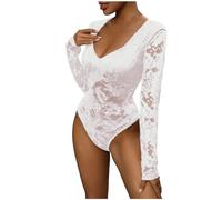 KBOPLEMQ Body da donna in rete, con collo alto, sexy, in pizzo, elegante, a maniche lunghe, sexy, a maniche lunghe, da donna, bianco, XL