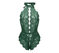 KBOPLEMQ Body sexy da donna, con scollo a V, tinta unita, con allacciatura al collo, biancheria intima da donna, trasparente, senza schiena, O verde, S
