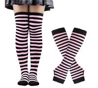 KBOPLEMQ Calze sopra il ginocchio da ragazza, arcobaleno, coscia, calzini alti, calze al ginocchio, guanti senza dita, set di maniche per donne e ragazze, costume da festa a tema natalizio, O rosa