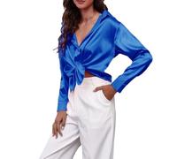KBOPLEMQ Camicetta da donna a maniche lunghe, con scollo a V, in seta, elegante, casual, da ufficio, con tasca, sexy, per il tempo libero, con bottoni, tinta unita, O blu., XXL