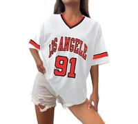 KBOPLEMQ - Camicia da donna Los Angeles Baseball Jersey Oversized Y2k Numeri Camicia con Grafico a Strisce Casual V Collo Streetwear T-Shirt a Strisce Grafica Top Estivo Sportivo, O rosso., M
