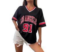 KBOPLEMQ - Camicia da donna Los Angeles, maglietta da baseball oversize, Y2k, numeri, inserti a strisce grafiche, camicia casual, scollo a V, streetwear, t-shirt a righe con grafica, top estivo