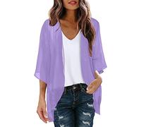 KBOPLEMQ Cardigan da donna in chiffon, con maniche a 3/4, con stampa floreale, leggero, da spiaggia, aperto, per l'estate, bolero in chiffon, Lilla, XXL