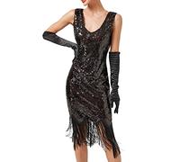 KBOPLEMQ Charleston - Costume da donna Gatsby vintage anni '20, abito da sera con paillettes, scollo a V, stile retrò, elegante, con frange glitterate, Q nero., S