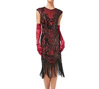 KBOPLEMQ Costume da donna anni '20 Charleston, abito da donna con paillettes, frange, calze a rete, costume anni '20, accessorio vintage, mafia, O rosso., XL