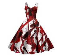 KBOPLEMQ Costume da Halloween da donna, abito da festa sanguinoso, maxi abito casual terrificatore horror sposa sexy costume da strega stampa sanguigna abito da festa spaghetti midi abito da cocktail