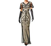 KBOPLEMQ Gatsby - Costume da donna Charleston anni '20, abito da donna con frange, maniche corte, scollo rotondo, con paillettes, anni '20, grande gatsby, cocktail party, costume da donna, P Beige, XL