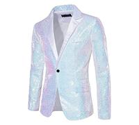 KBOPLEMQ Giacca da uomo con paillettes luccicanti smoking da uomo, per Capodanno, per carnevale, feste, cene, balli di fine anno, giacca con un bottone, con glitter, O bianco., L