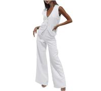 KBOPLEMQ Gilet e pantaloni da donna con scollo a V, set da 2 pezzi, elegante, scollo a V, senza maniche, blazer e pantaloni, 2 pezzi, in lino, bianco, S