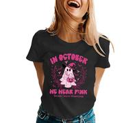 KBOPLEMQ Maglietta da donna con cancro al seno, coscienza, motivo "Breast Cancer", maglietta sportiva, Halloween, zucca, fantasma e fiocco rosa, maglietta per il tempo libero, felpa tinta unita