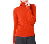 KBOPLEMQ Maglione da donna in tinta unita, per l'inverno, a collo alto, sottile, lavorato a maglia fine, elasticizzato, caldo, maglione basico, girocollo, cashmere, lavorato a maglia, O Orange, L