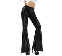 KBOPLEMQ Pantaloni da donna lucidi, effetto bagnato, in pelle, metallizzati, per feste, danza, discoteche, in argento, oro, nero, eleganti, lunghi, hippie, O nero., S