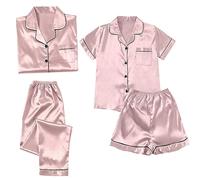 KBOPLEMQ Pigiama da donna, corto, in 4 pezzi, in raso, da donna, comodo, morbido, per la casa, a maniche corte, biancheria da notte e pantaloncini, set sexy estivo, O rosa., XL