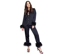 KBOPLEMQ Pigiama da donna, lungo, set classico da lounge in due pezzi, con piume, per il tempo libero, pigiama con abbottonatura, scollo a V, O nero., M