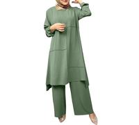 KBOPLEMQ Set da donna musulmano 2024 elegante primavera Dubai islamico vestito lungo con abbottonatura davanti in vita kaftan per la preghiera da donna a maniche lunghe in due pezzi + pantaloni
