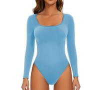 KBOPLEMQ Shapewear - Body da donna a maniche lunghe, sexy, elegante, a maniche lunghe, con scollo quadrato, body da donna sottile, Azzurro, L