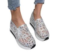 KBOPLEMQ Sneaker da donna con paillette, zeppa, traspiranti, in pizzo, con paillettes, in poliuretano, leggere, scarpe da corsa per il tempo libero, argento, 37 EU