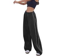KBOPLEMQ Track Pants Y2k Pantaloni da paracadutismo da donna, pantaloni da paracadutismo Y2K a gamba larga, a vita bassa, pantaloni lunghi con tasche con coulisse, A nero, M