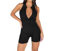 KBOPLEMQ Tuta corta da donna, aderente, da yoga, a maniche lunghe, con chiusura lampo, per sport, tutina per yoga, fitness, comoda e aderente, Nero , XXL