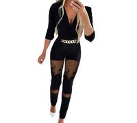 KBOPLEMQ Tuta da donna in rete, tuta intera sexy, a maniche lunghe, con scollo a V, con chiusura lampo, elegante tutina con catena in metallo, slim fit, Blu scuro, M