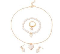 KBRPEY 4 Pezzi Set Gioielli Cuore Perle Collana Bracciale Anello Orecchini Parure Donna Elegante Romantico Accessori Cerimonia