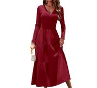 KBRPEY Abito Donna Manica Lunghe Vestito Lungo Elegante Casual Vestiti Tunica Abiti Copricostume Abiti da Cerimonia Donna (Vino Rosso XL)