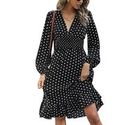 KBRPEY Abito Elegante Donna Maniche Lunghe Abito Lungo Casual Vestito a Pois Abito Sciolto a Vita Alta Vestiti Donna Eleganti Abiti Cnico con Scollo a V Party Cocktail Clubwear (Nero XL)